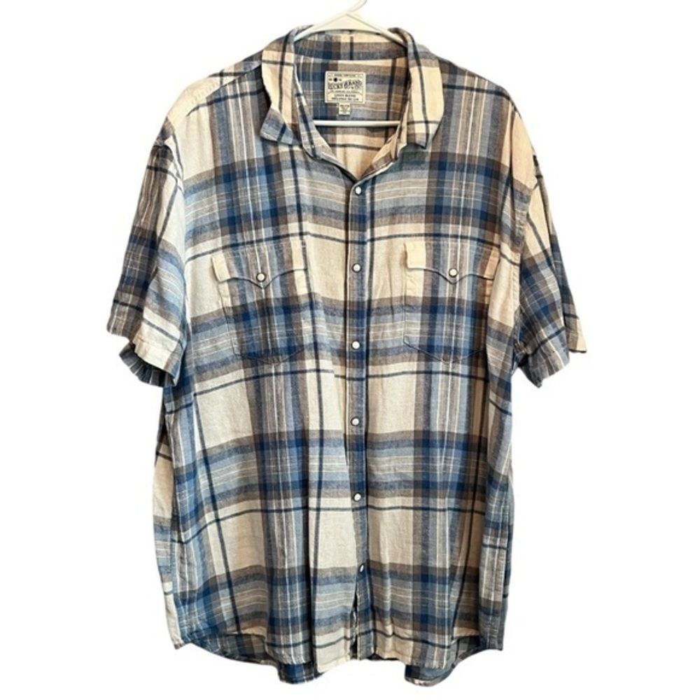 Lucky Brand Mens Linen Blend Shirt 2XL Plaid Collared Snap Down Short Sleeve